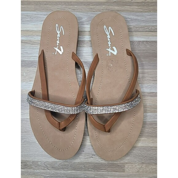 Seven7 Bondi Caramel Women's Size 10 Faux Leather Slip On Thong Sandals Flat NEW - Picture 1 of 7